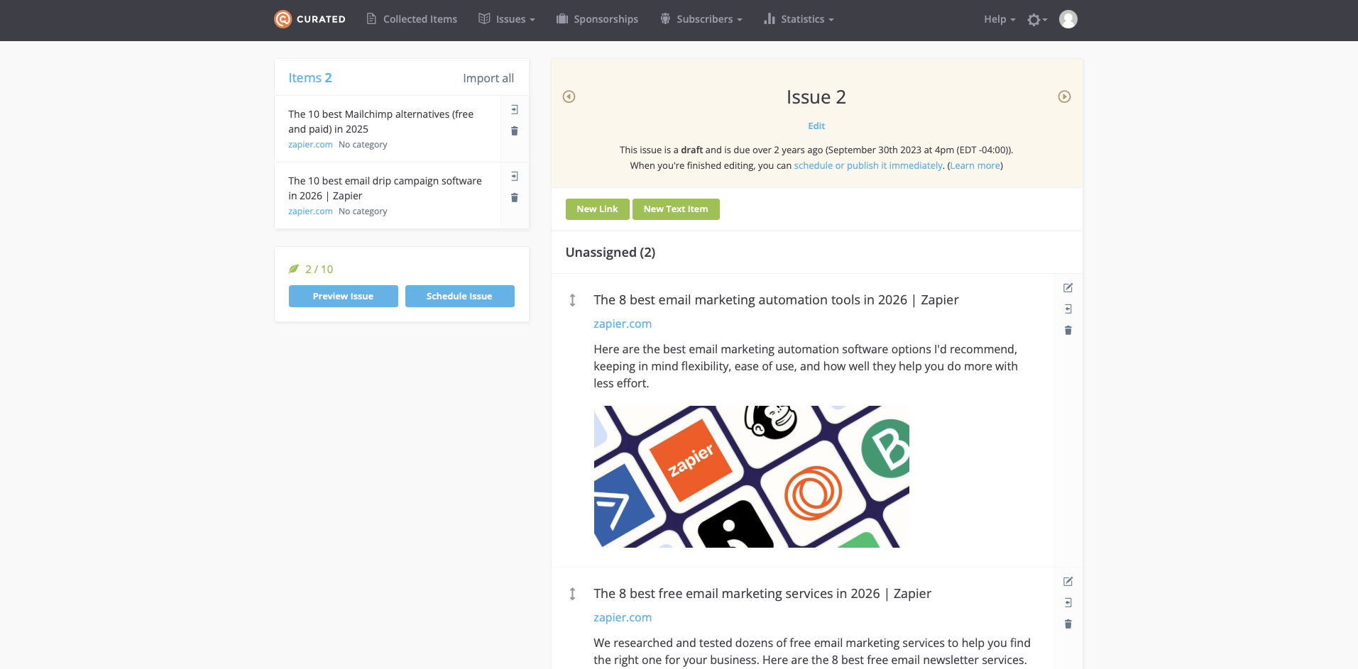 Curated, our pick for the best email newsletter software for curated newsletters