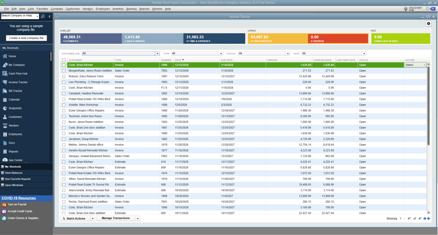 Screenshot of the writer's QuickBooks Desktop's income tracker interface