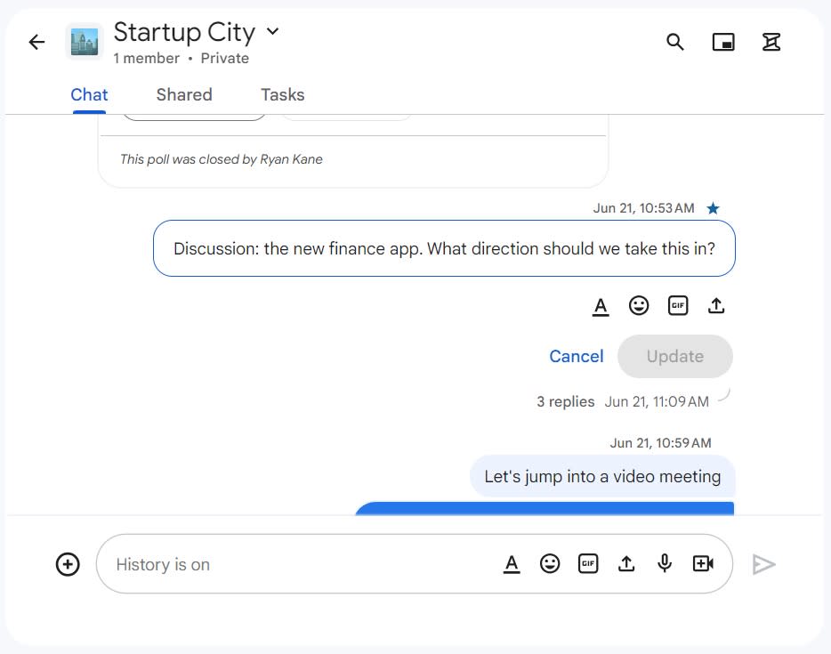 An edited message in Google Chat