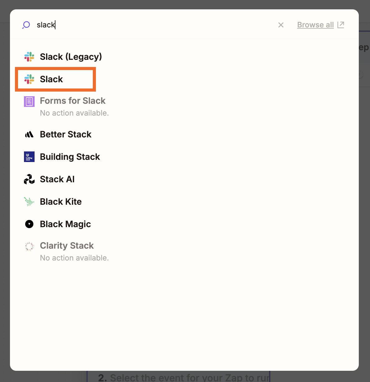 An action step in the Zap editor with Slack entered in the search box field.