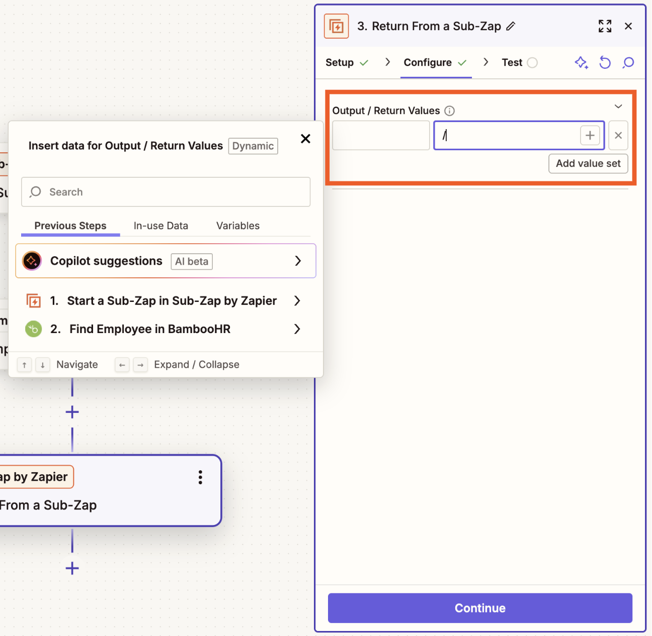 A Zapier interface showing the "Return From a Sub-Zap" configuration screen, where you can define output/return values that will be passed back to the parent Zap, with a data insertion panel displaying previous steps, including "Start a Sub-Zap" and "Find Employee in BambooHR."