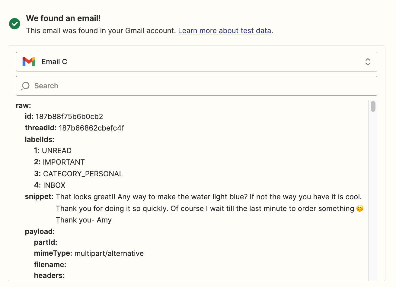A successful test result that shows an email found in a Gmail inbox.