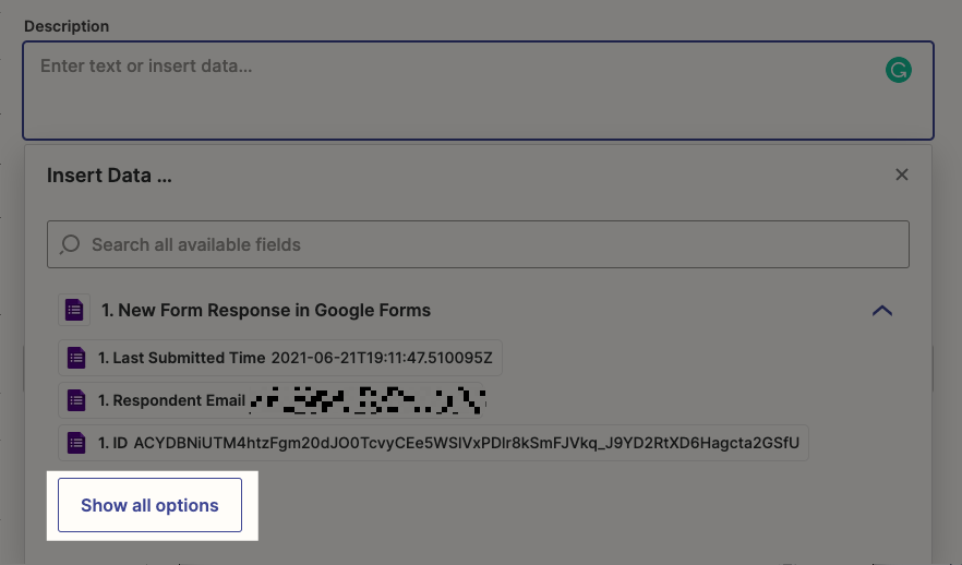 Field mapping in the Zap editor. A box highlights the "Show all options" button in the dropdown menu of data from the previous Zap step.