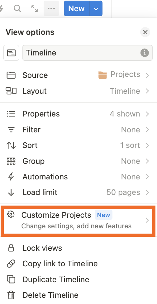 Notion databases list the option to "Customize Projects" by enabling advanced features.