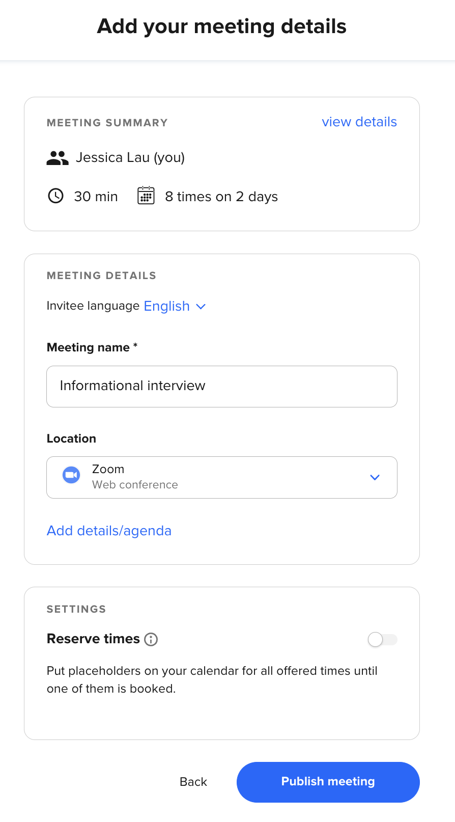 How to edit the meeting details for a one-off event in Calendly.