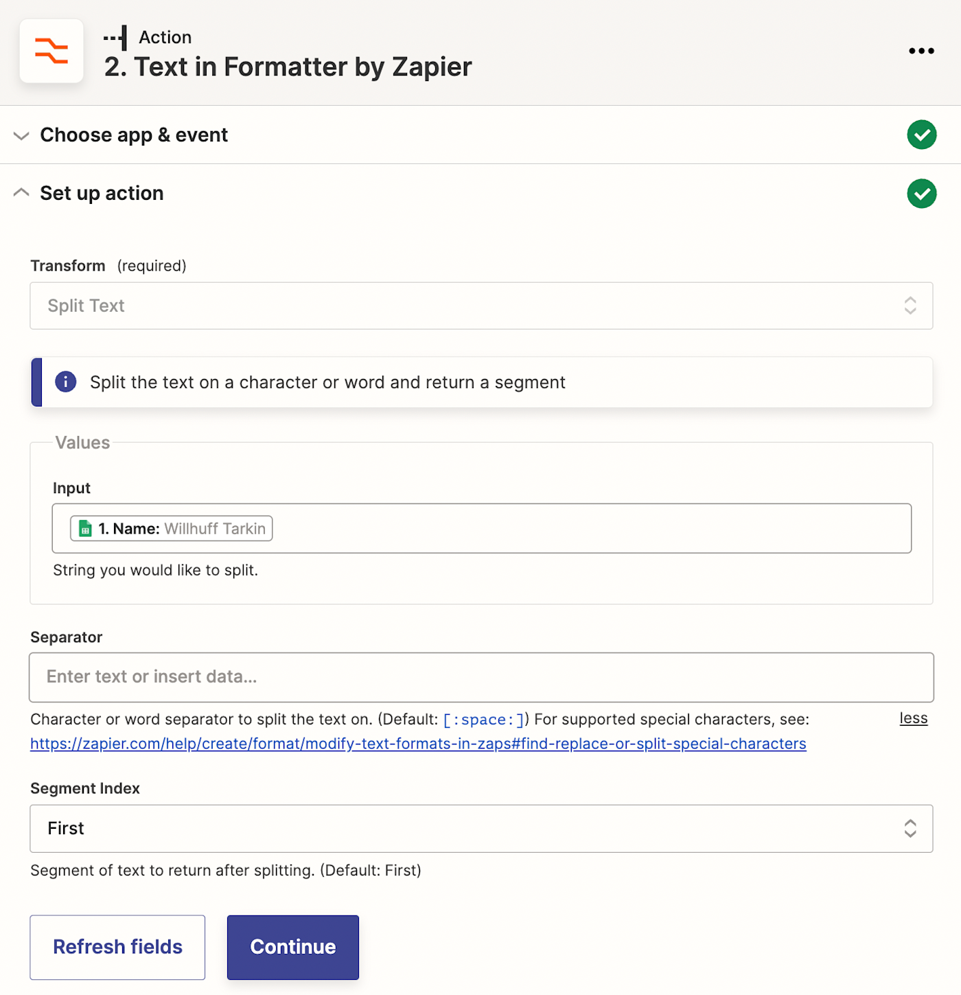 A screenshot showing how to set up Formatter to automatically split text on spaces and to use only the first part going forward. 