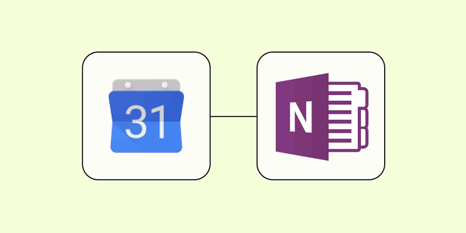 The Google Calendar logo connected to the OneNote logo against a lime green background