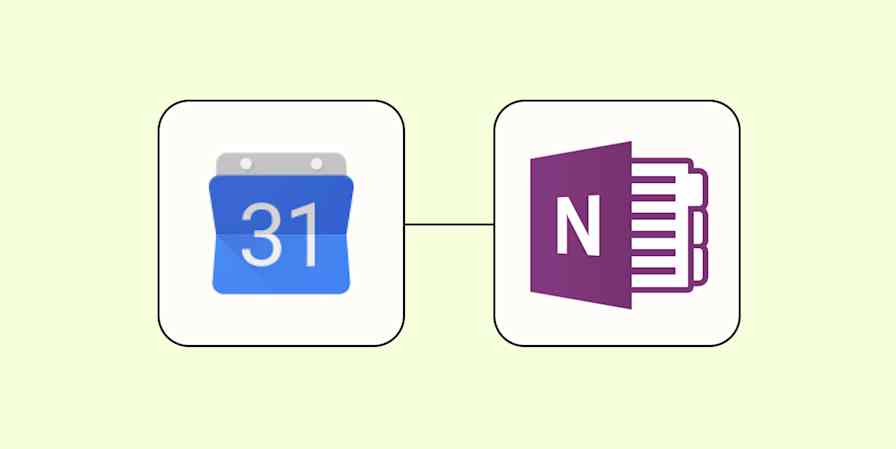 The Google Calendar logo connected to the OneNote logo against a lime green background