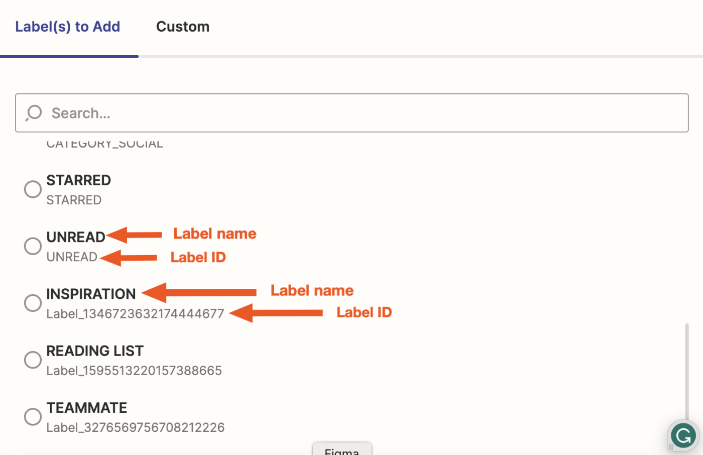 A screenshot showing the difference between label names and label IDs in the Zapier editor.