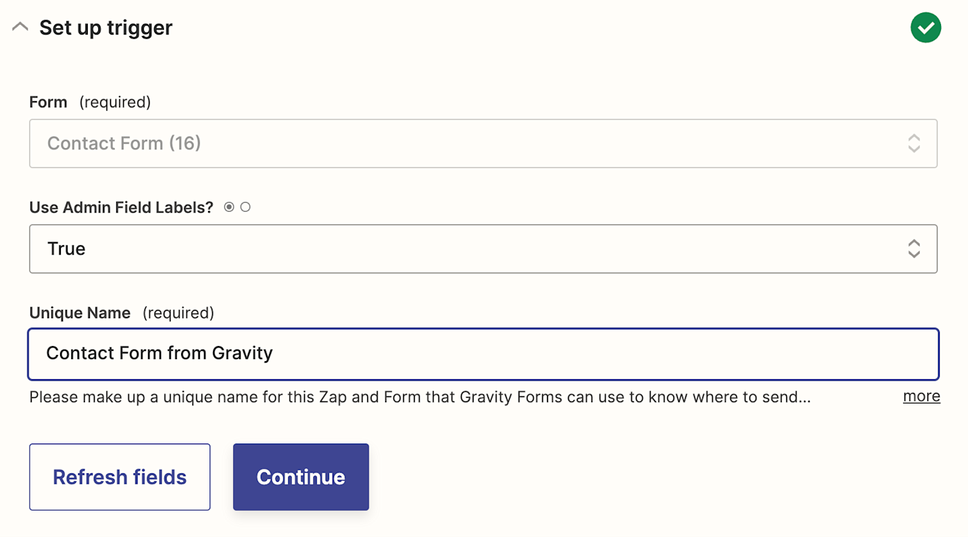 True selected in the Use Admin Field Labels field with text that reads "Contact Form from Gravity" entered in the Unique Name field