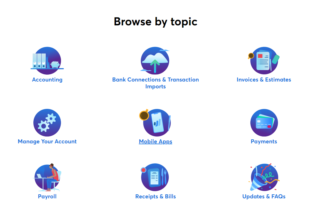 Wave's Help Center, organized by topic with icons for each topic