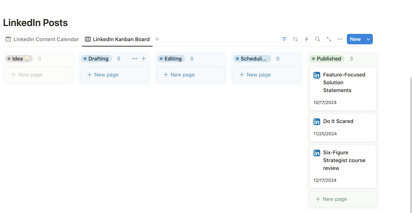 The statuses of posts on a platform in Kanban form on the Notion social media planner