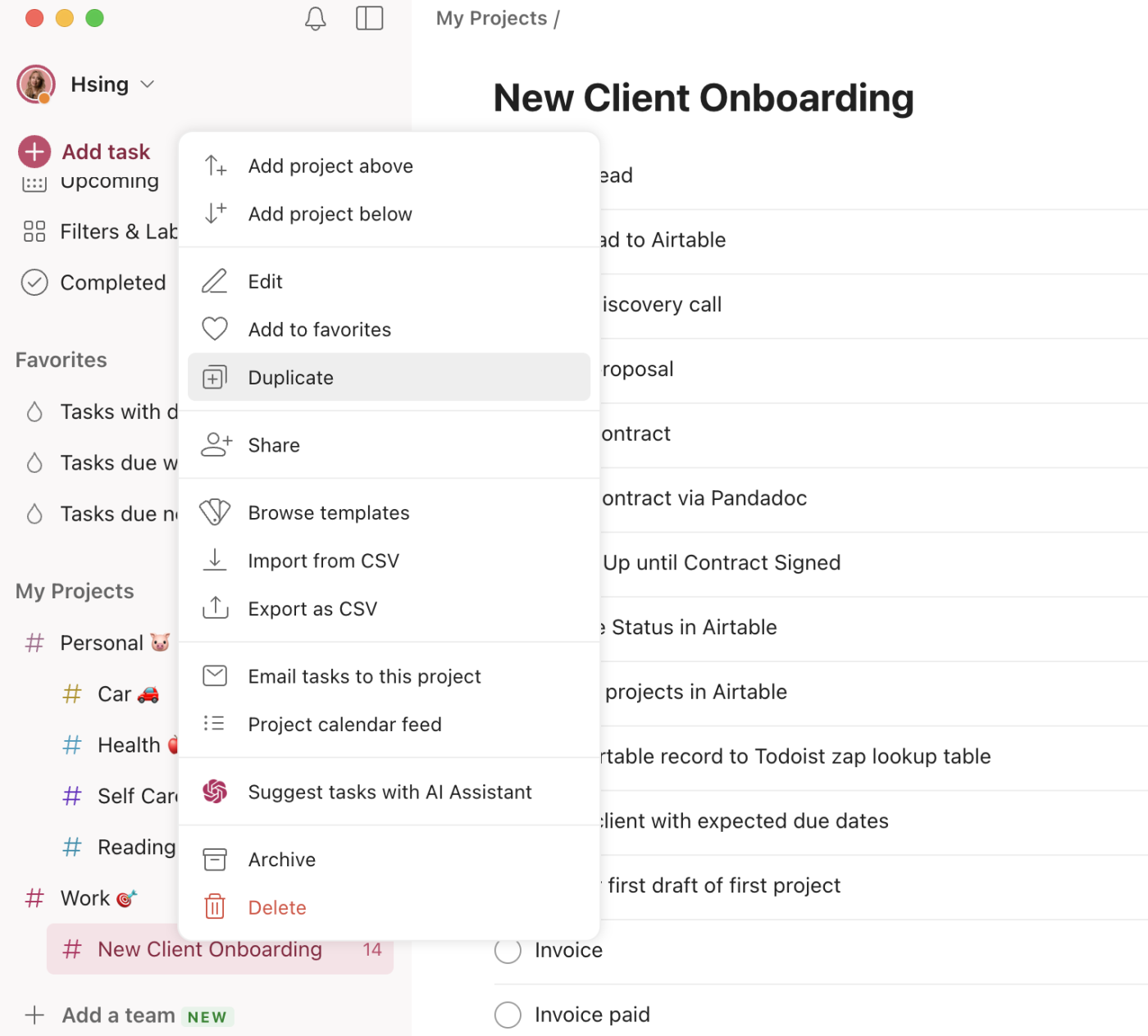 Duplicating a project template in Todoist