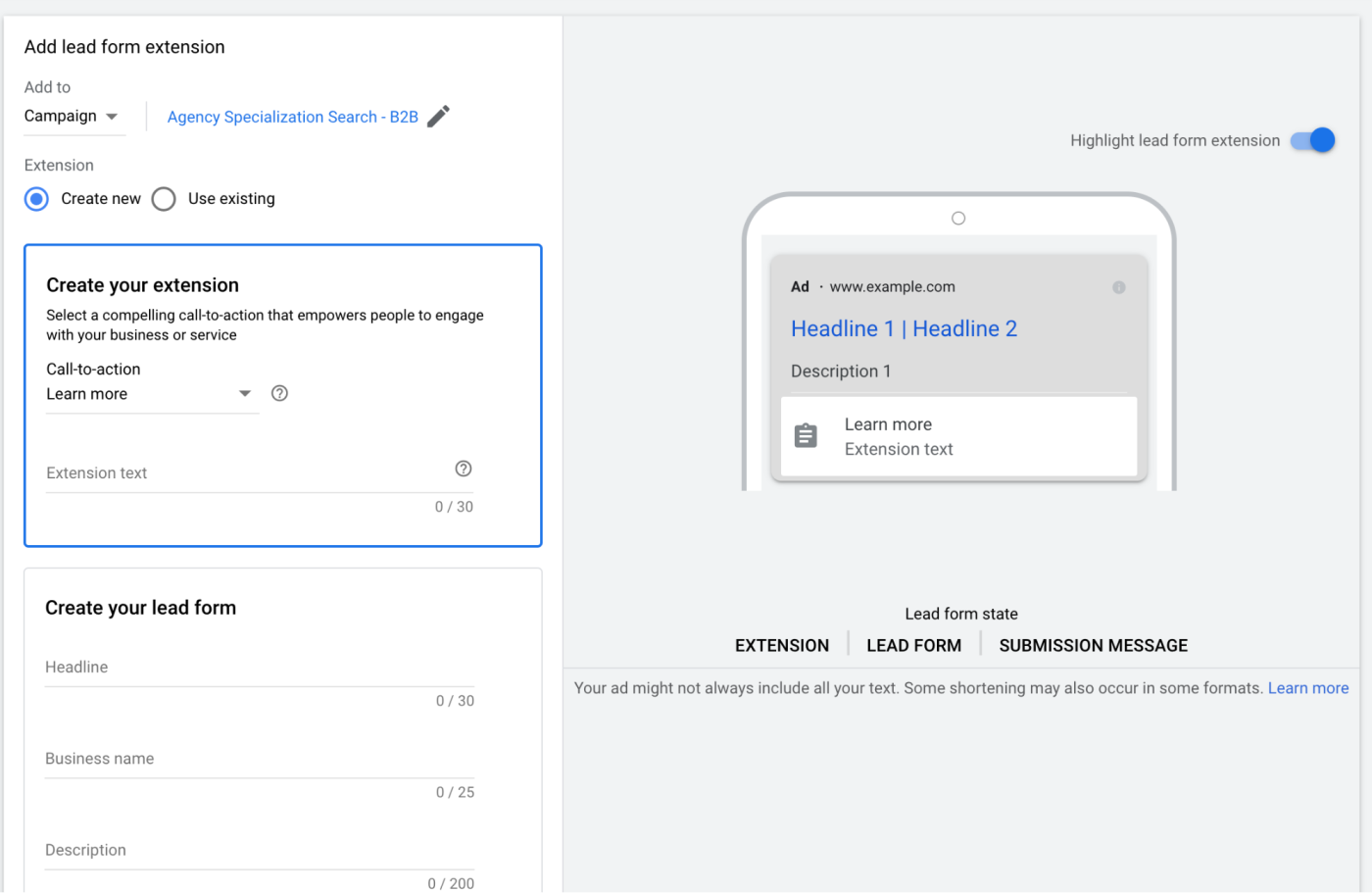 Creating the Google lead forms extension