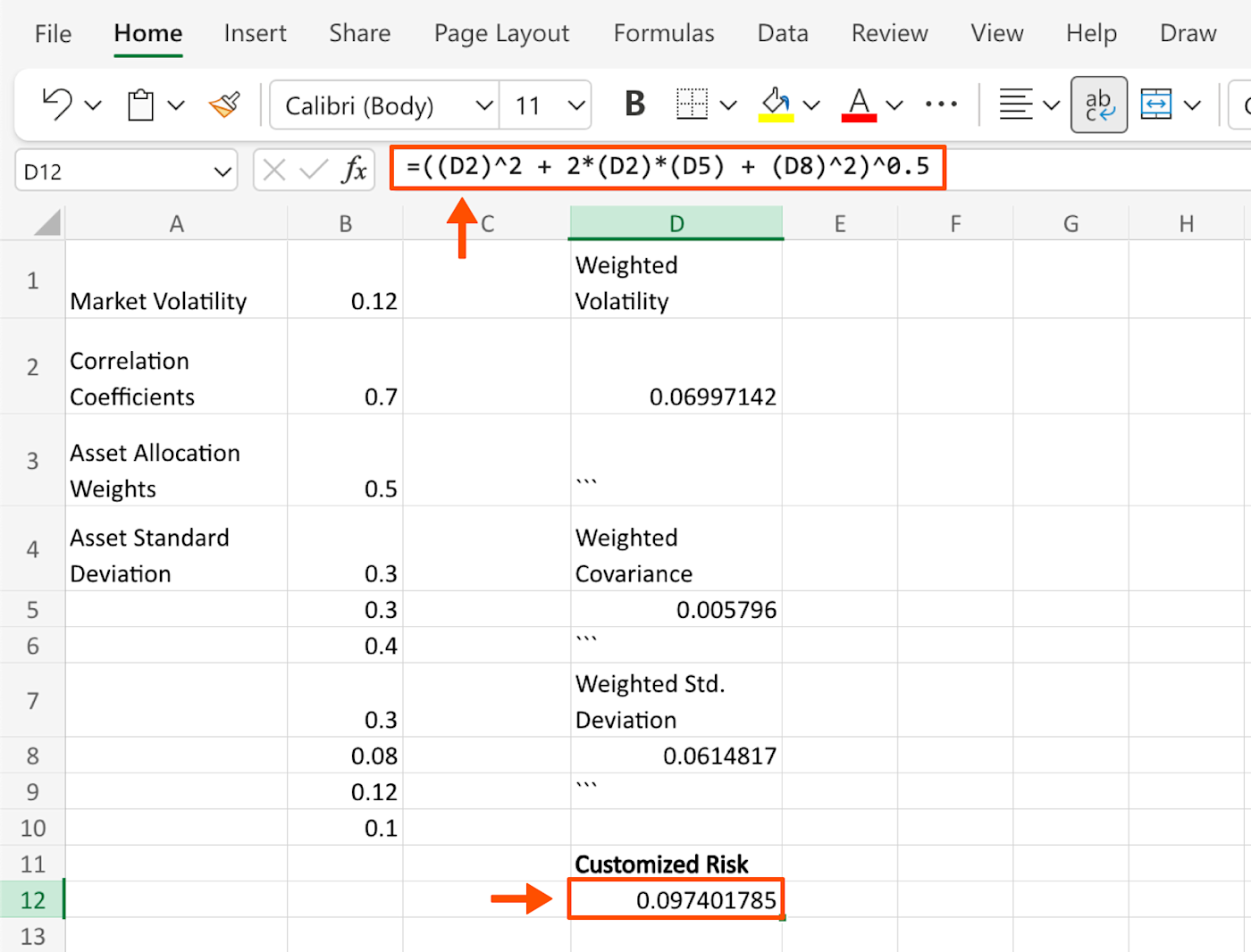 Screenshot of manual Excel formula