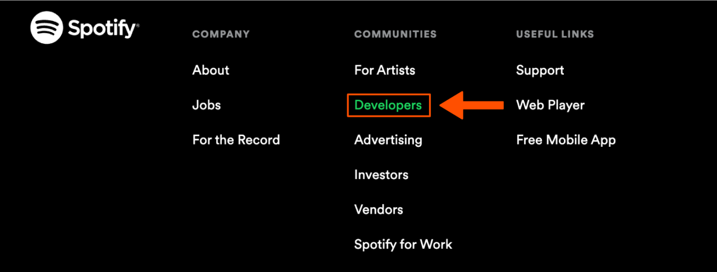 Screenshot showing the Developers link on Spotify's website.