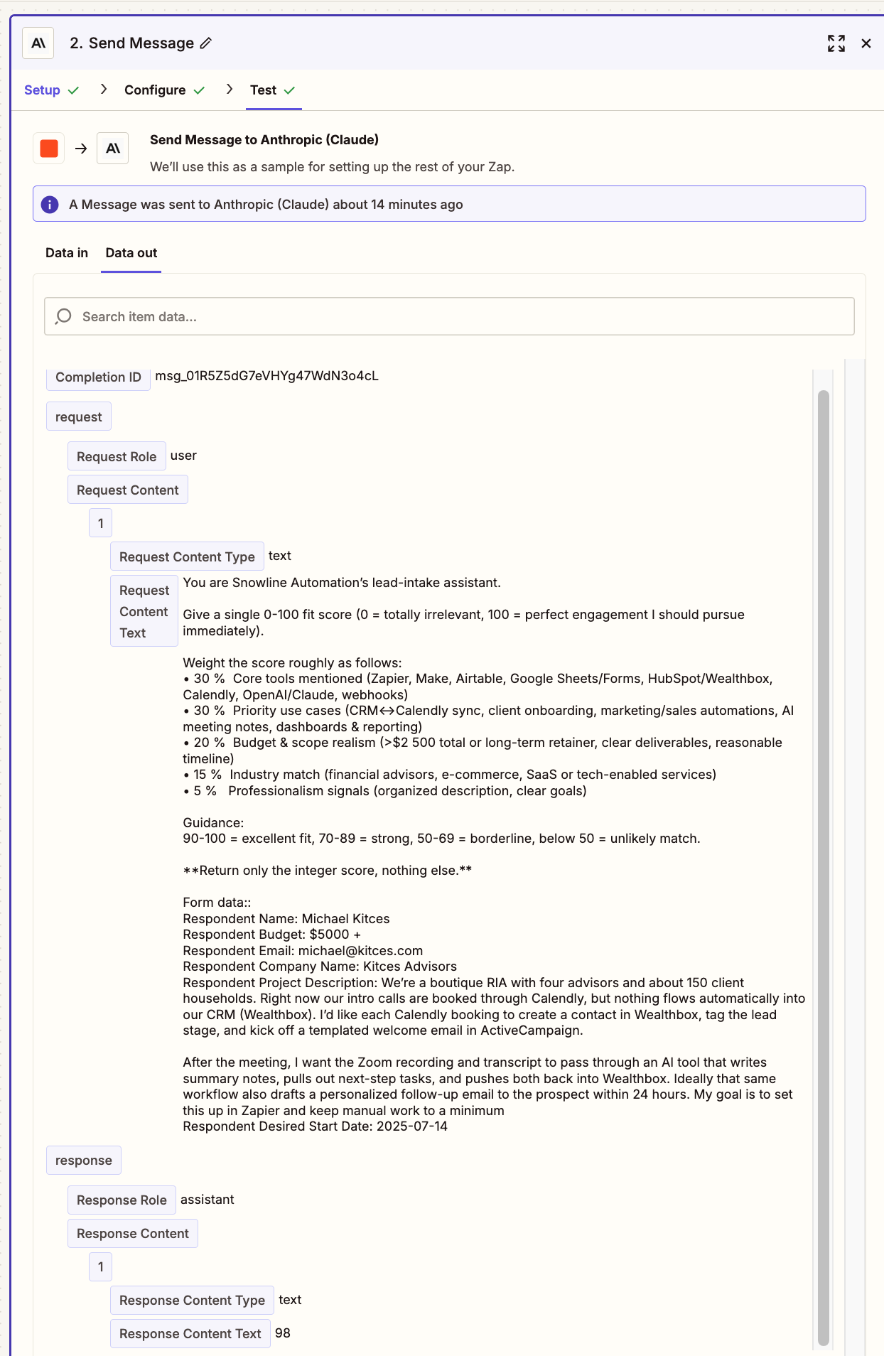 Sample data that shows an AI-generated response from Claude in the Zap editor.