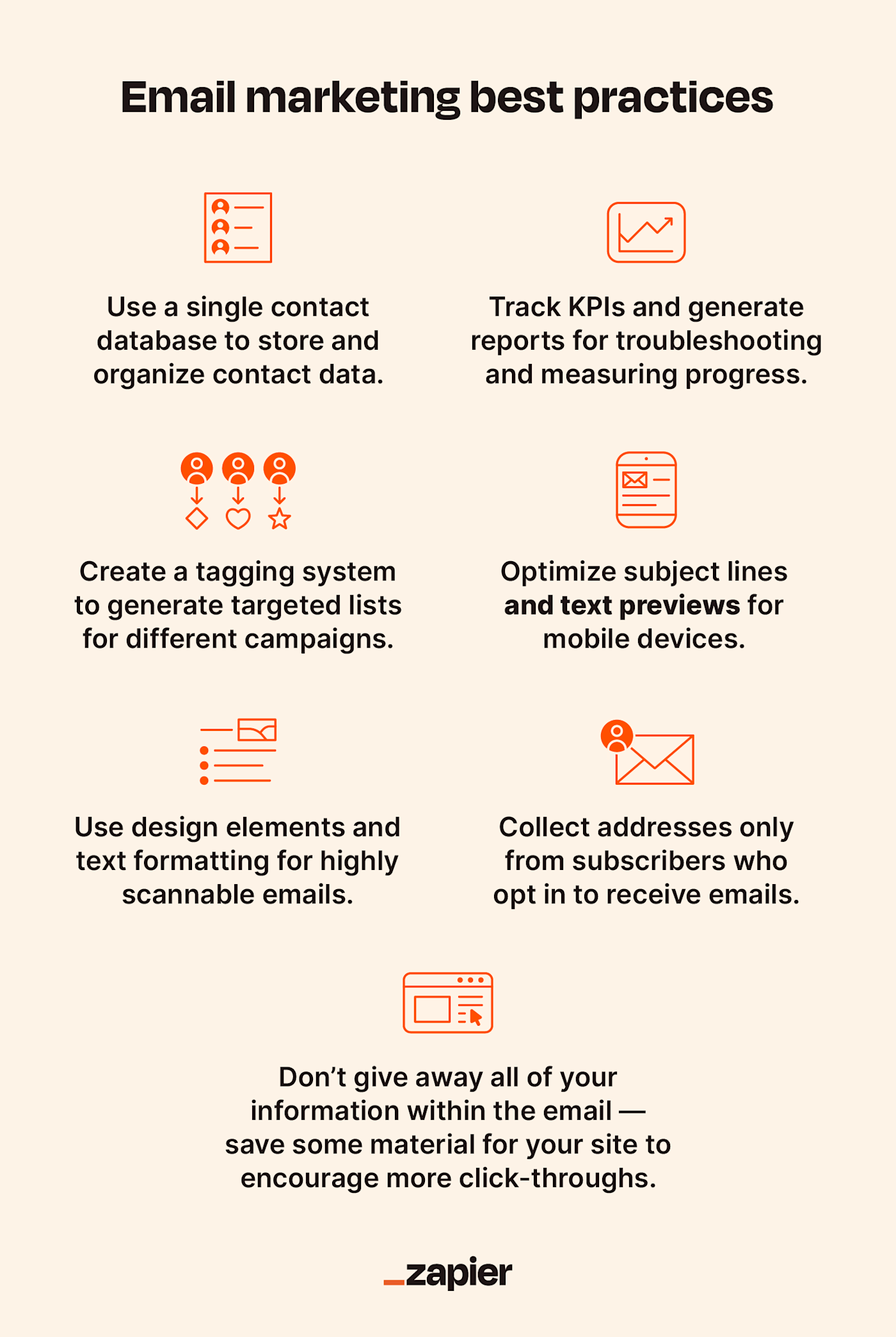 Seven email marketing best practices with icons for each: use a single contact database, track KPIs and generate reports, create a tagging system to generate targeted lists for different campaigns, optimize subject lines and text previews, use design elements and text formatting, collect addressess only from subscribers who opt in to receive emails, don't give away all of your information within the email.