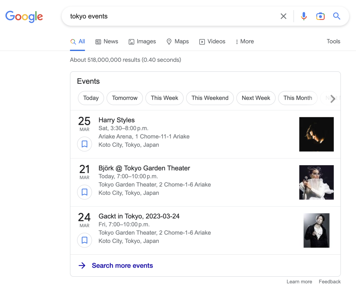 A list of upcoming events happening in Tokyo, Japan is displayed at the top of a Google Search results page with the words Tokyo events in the search bar.