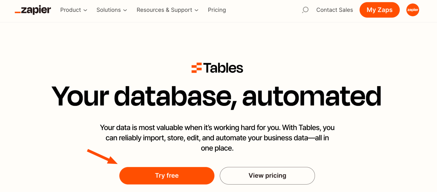 Screenshot of tables page