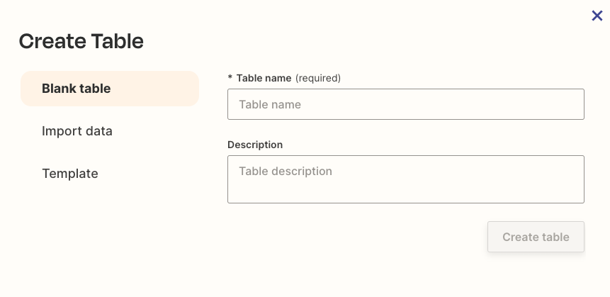 Give your table a name and description, then click Create table.