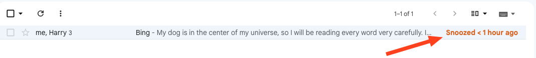 A snoozed email at the top of the inbox