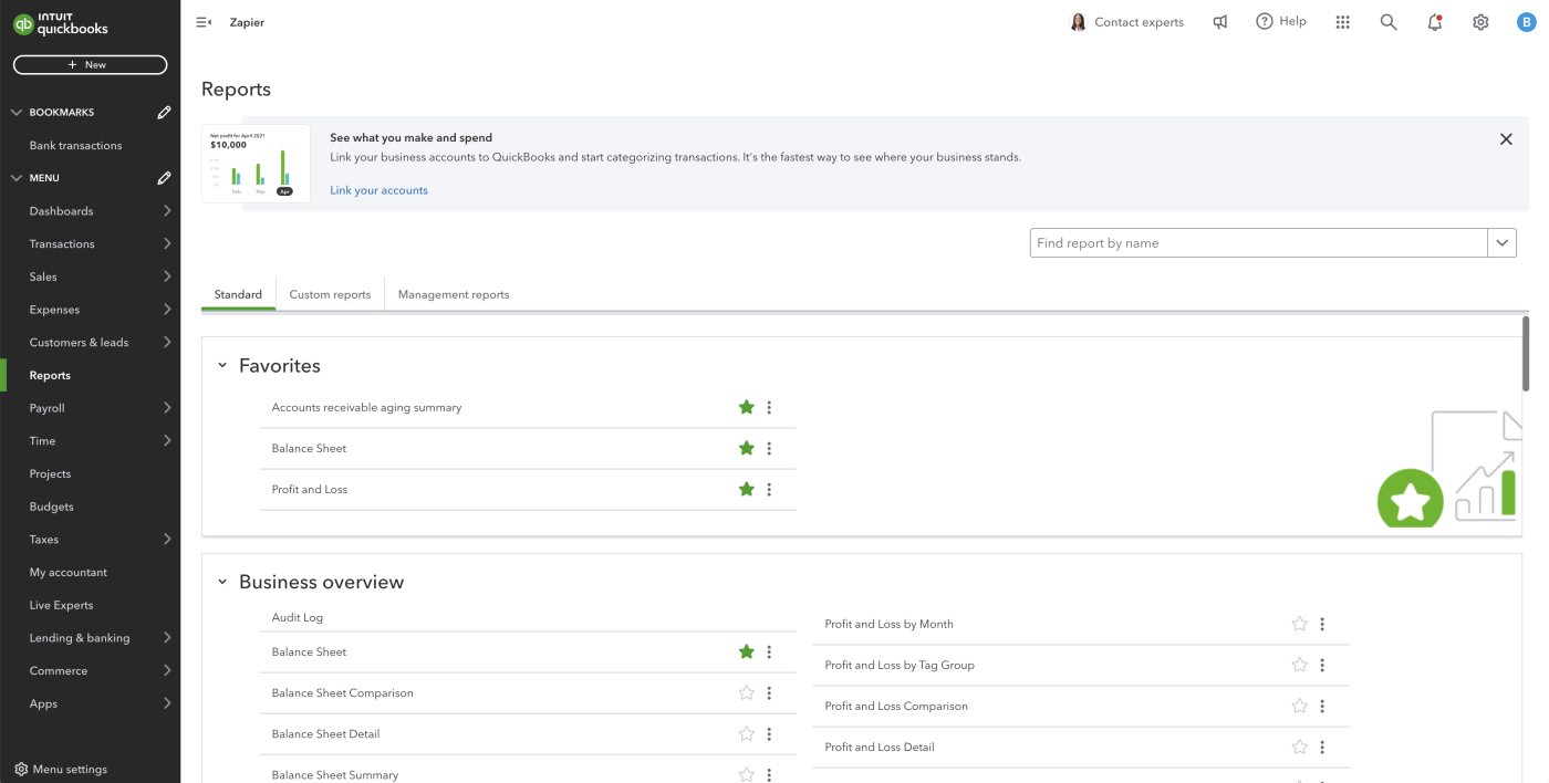 Screenshot of the QuickBooks report templates with categories for Business Overview, Who Owes You, Sales and Customers, What You Owe, Expenses and Vendors, Sales Tax, Employees, For My Accountant, and Payroll