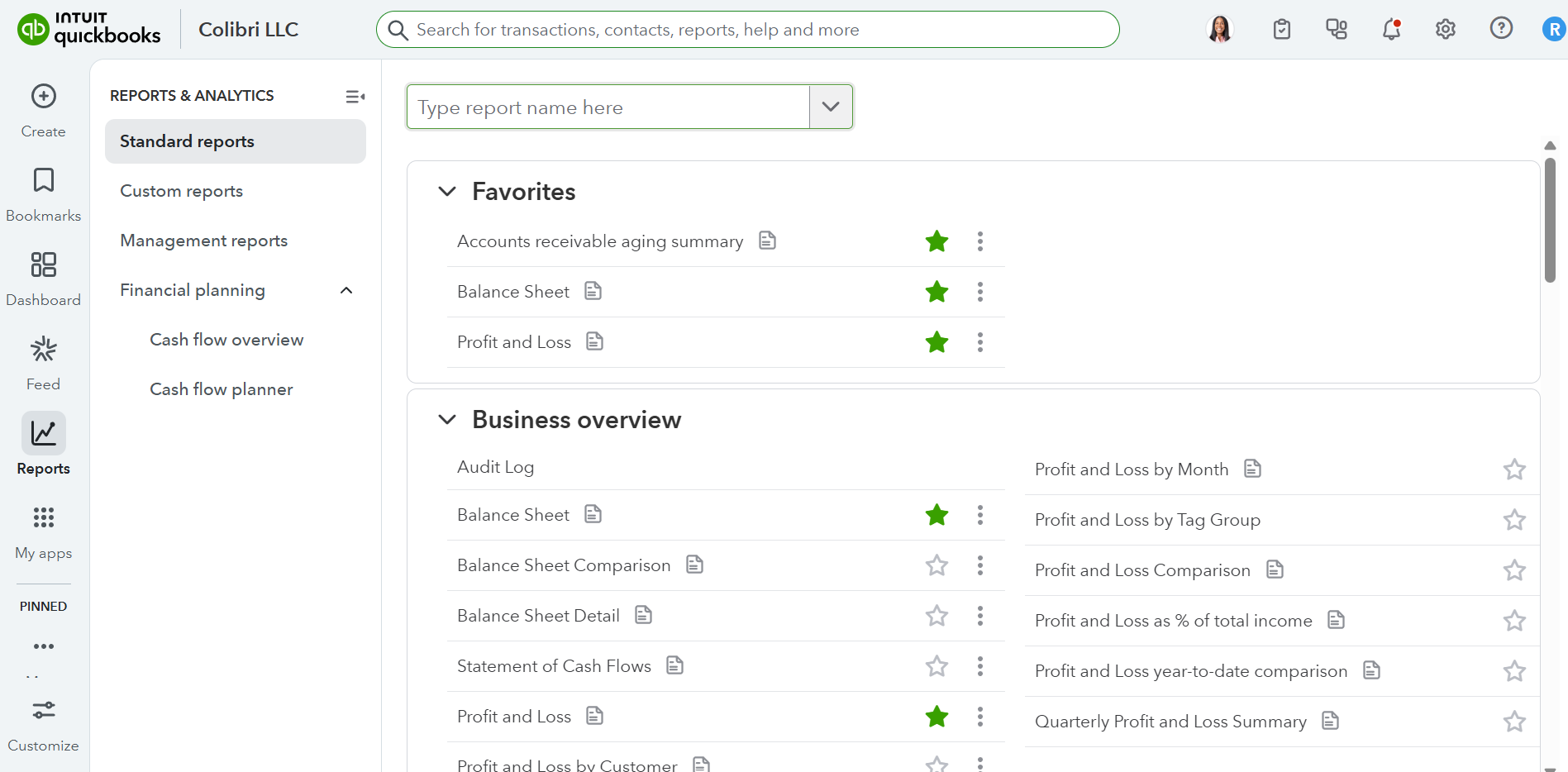 Screenshot of the QuickBooks report templates with different categories