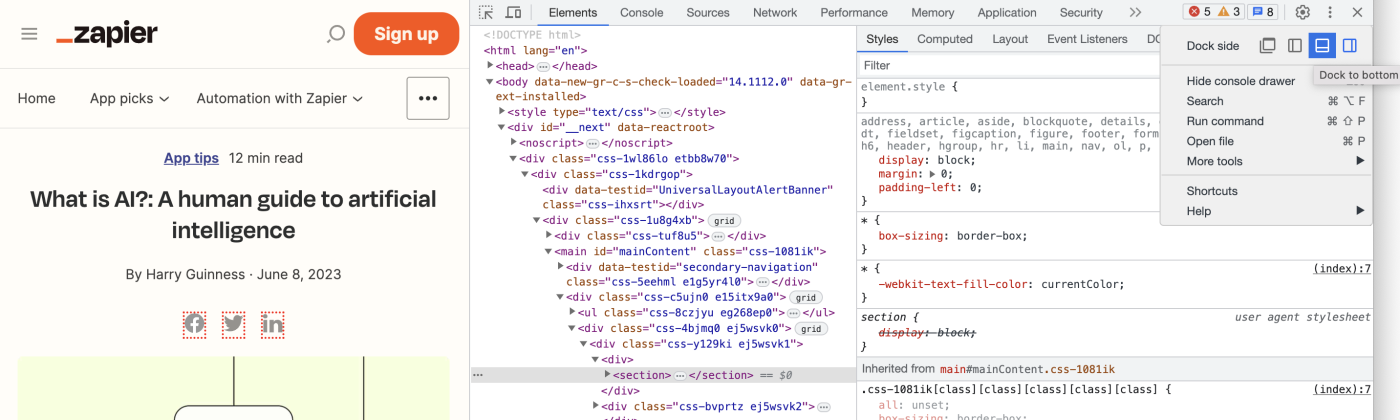 Screenshot of the writer showing how to change the orientation of the Inspect Element pane