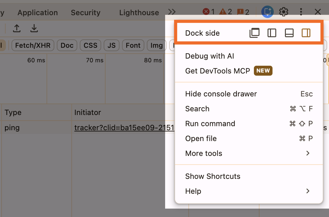 Expanded view of the DevTools three-dot menu with different docking options highlighted.