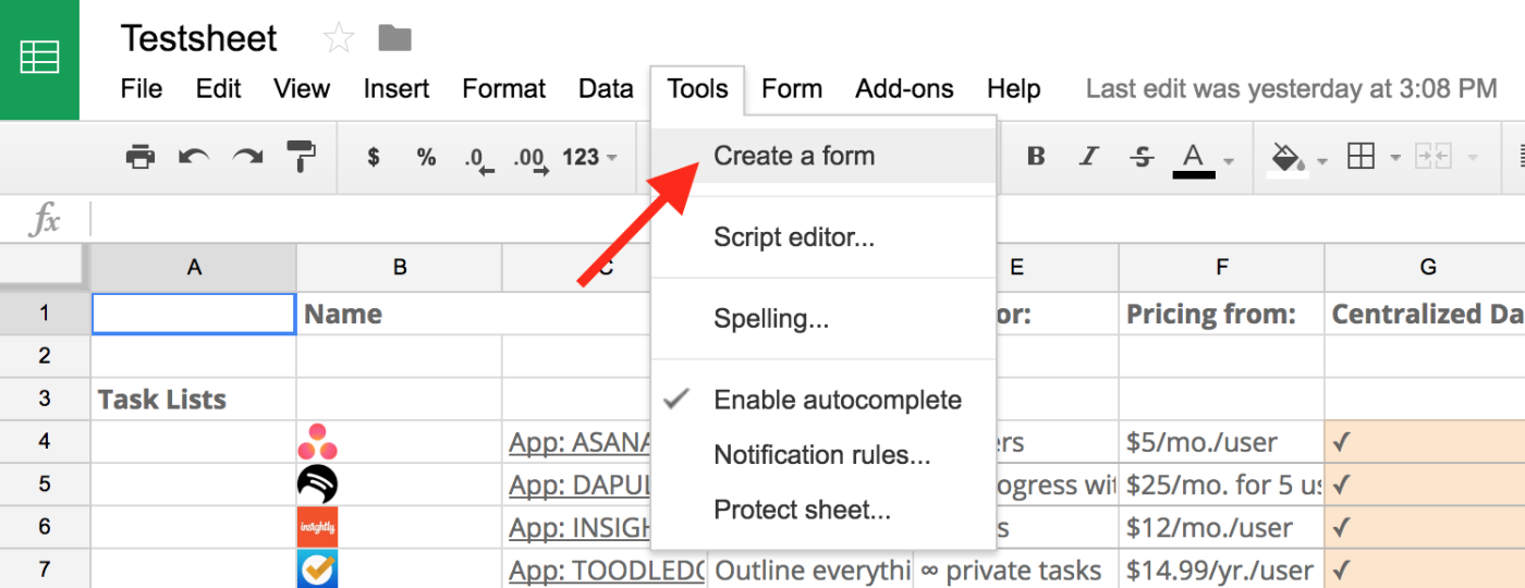 start a form from Google Sheets