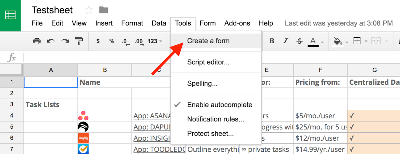 start a form from Google Sheets