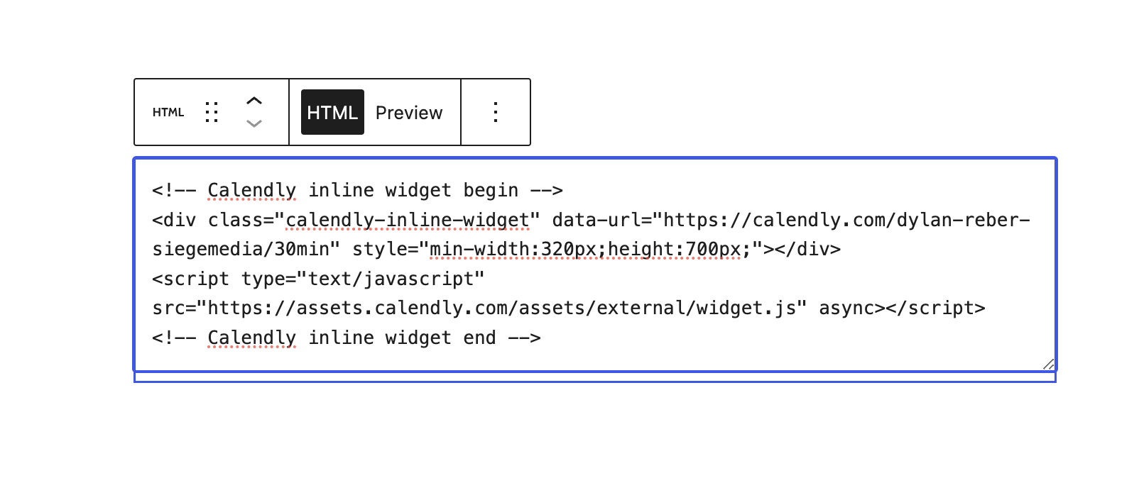 Screenshot of where to paste the embed code in the HTML block in WordPress