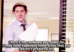 Jim from The Office giving his rundown.