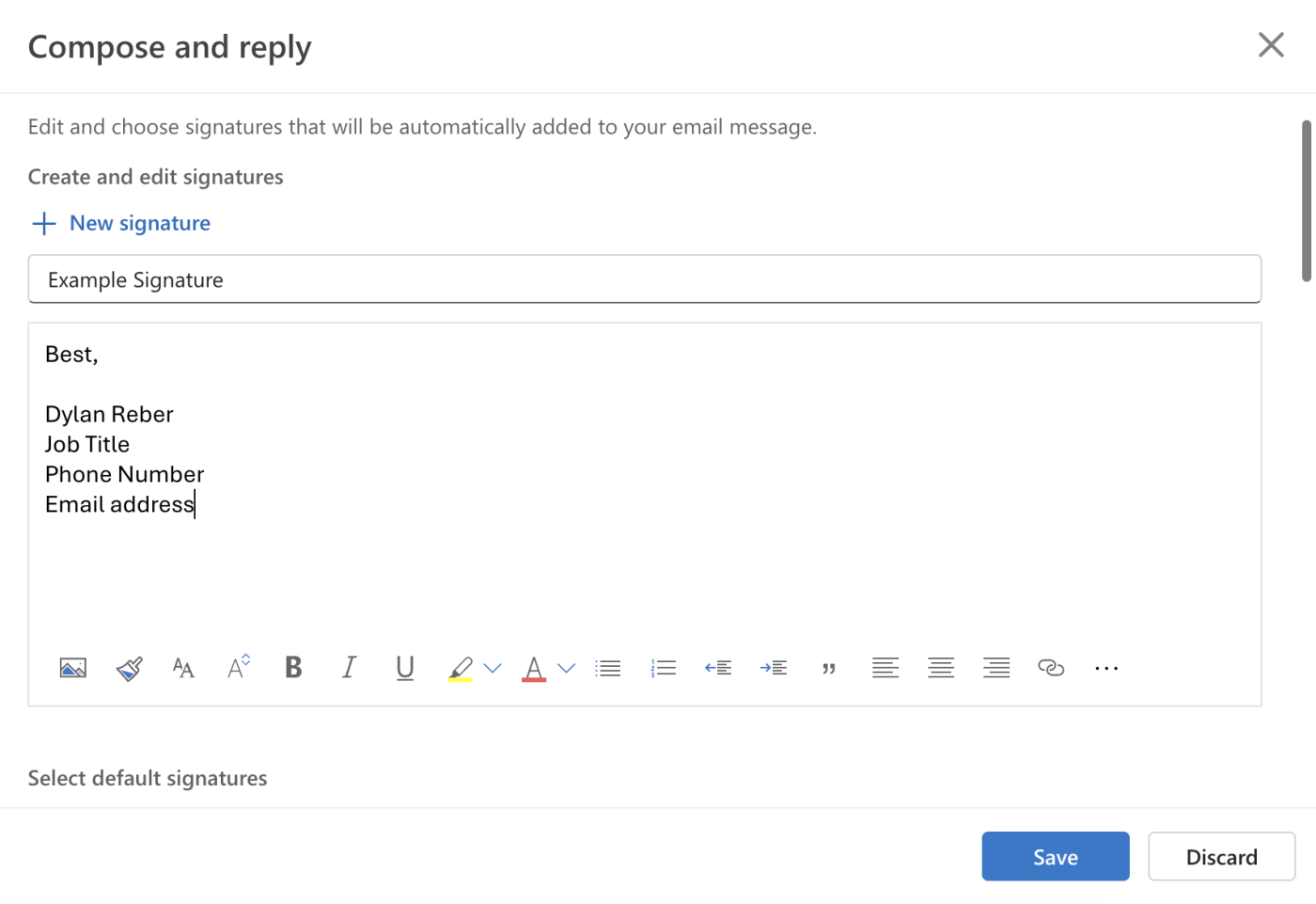 Screenshot of where to type in a new email signature and save it in Outlook.com