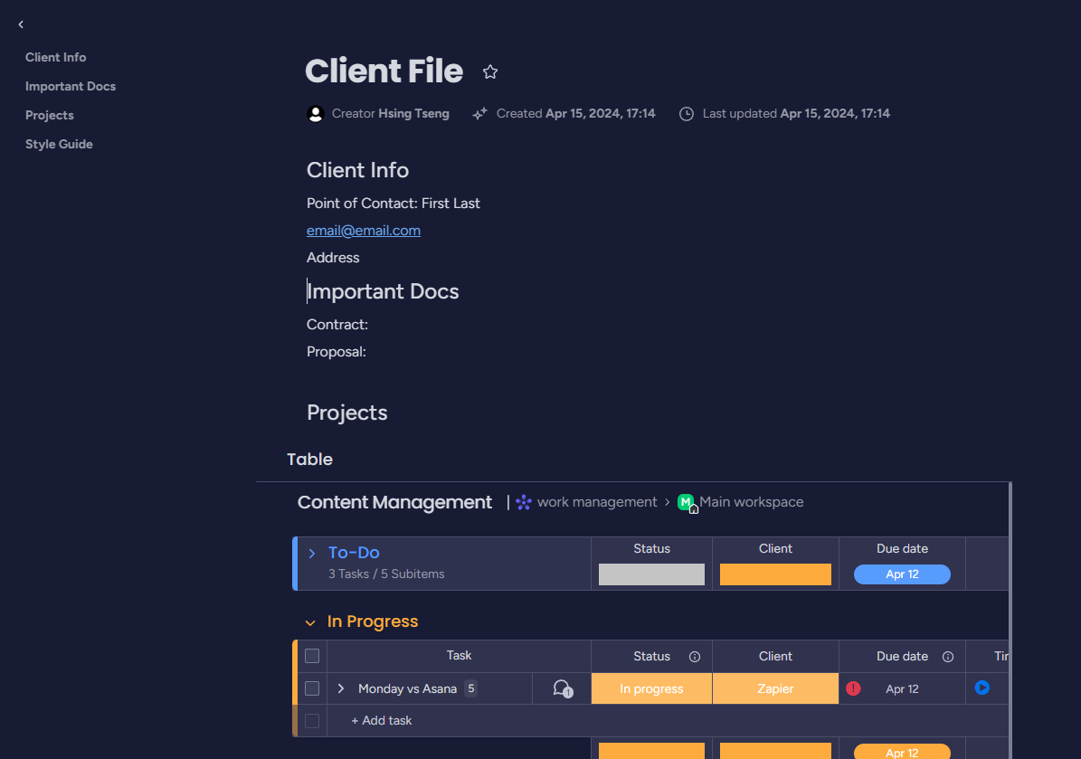 A client file template in monday workdocs.