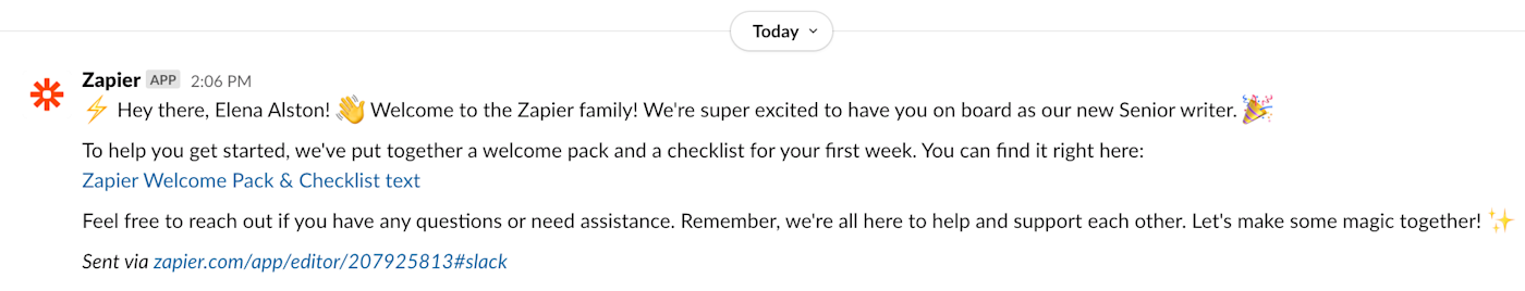 Screenshot of sample slack message