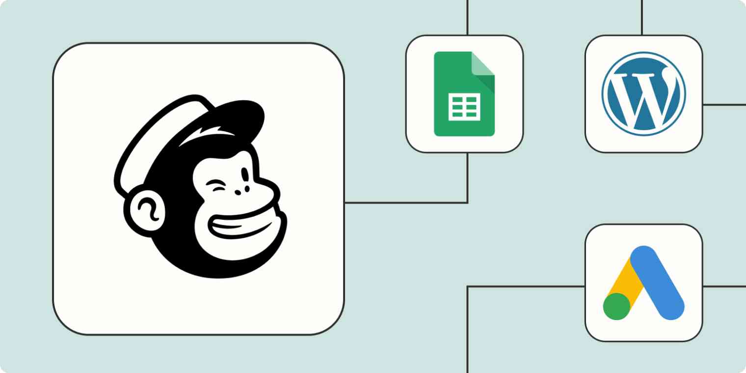 Hero image with the Mailchimp logo connected by dots to the logos of Facebook, Google Sheets, and WordPress