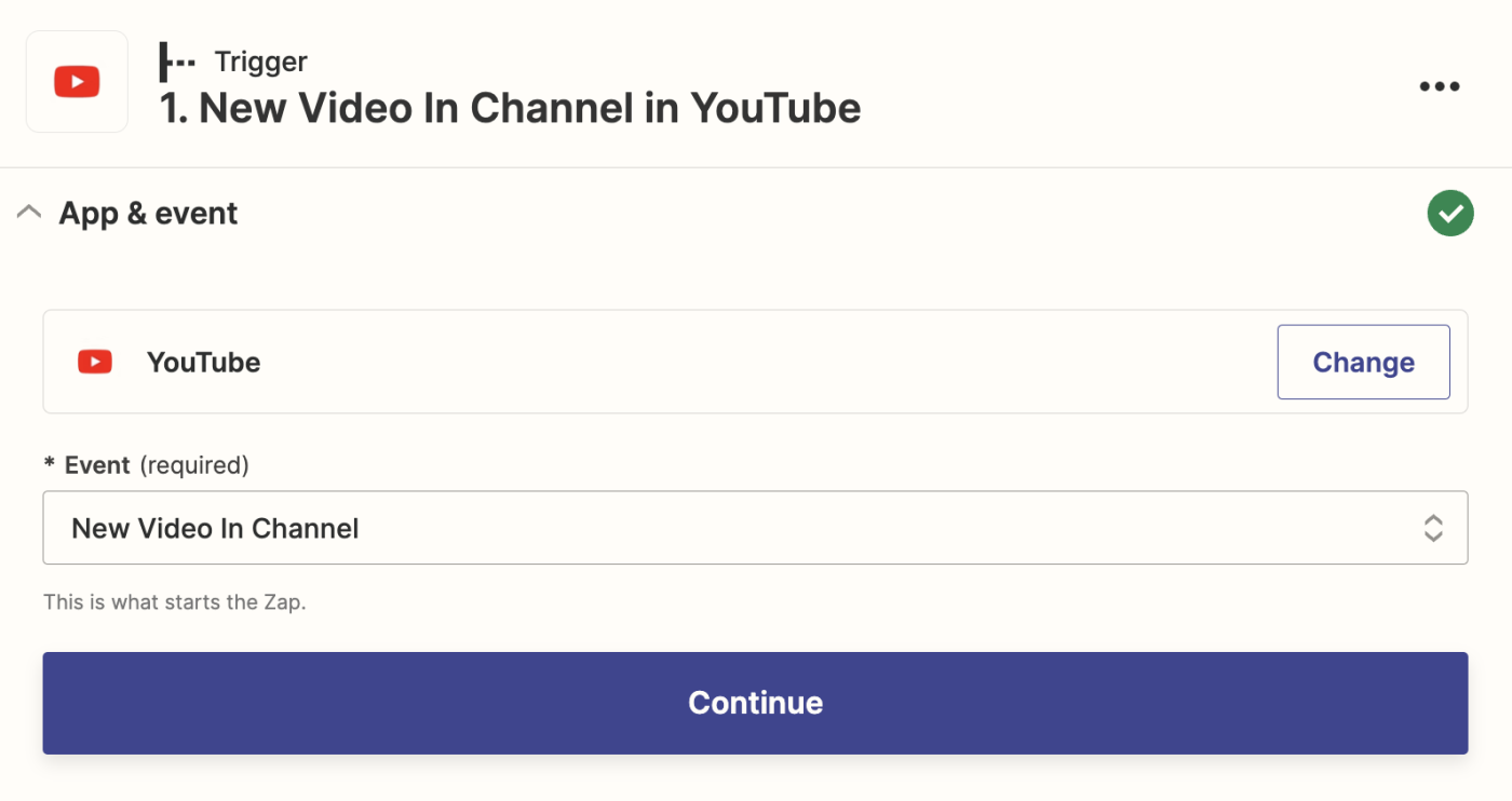 یک مرحله راه‌اندازی در ویرایشگر Zap با YouTube به‌عنوان برنامه راه‌انداز و ویدیوی جدید در کانال به‌عنوان رویداد آغازگر انتخاب شده است.