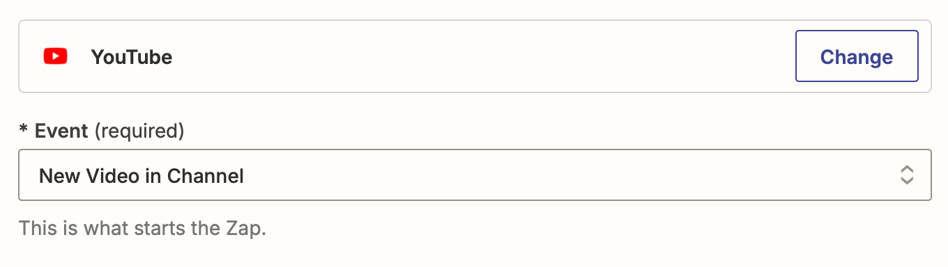 A trigger step in the Zap editor with YouTube selected as the trigger app and New Video in Channel as the trigger event.