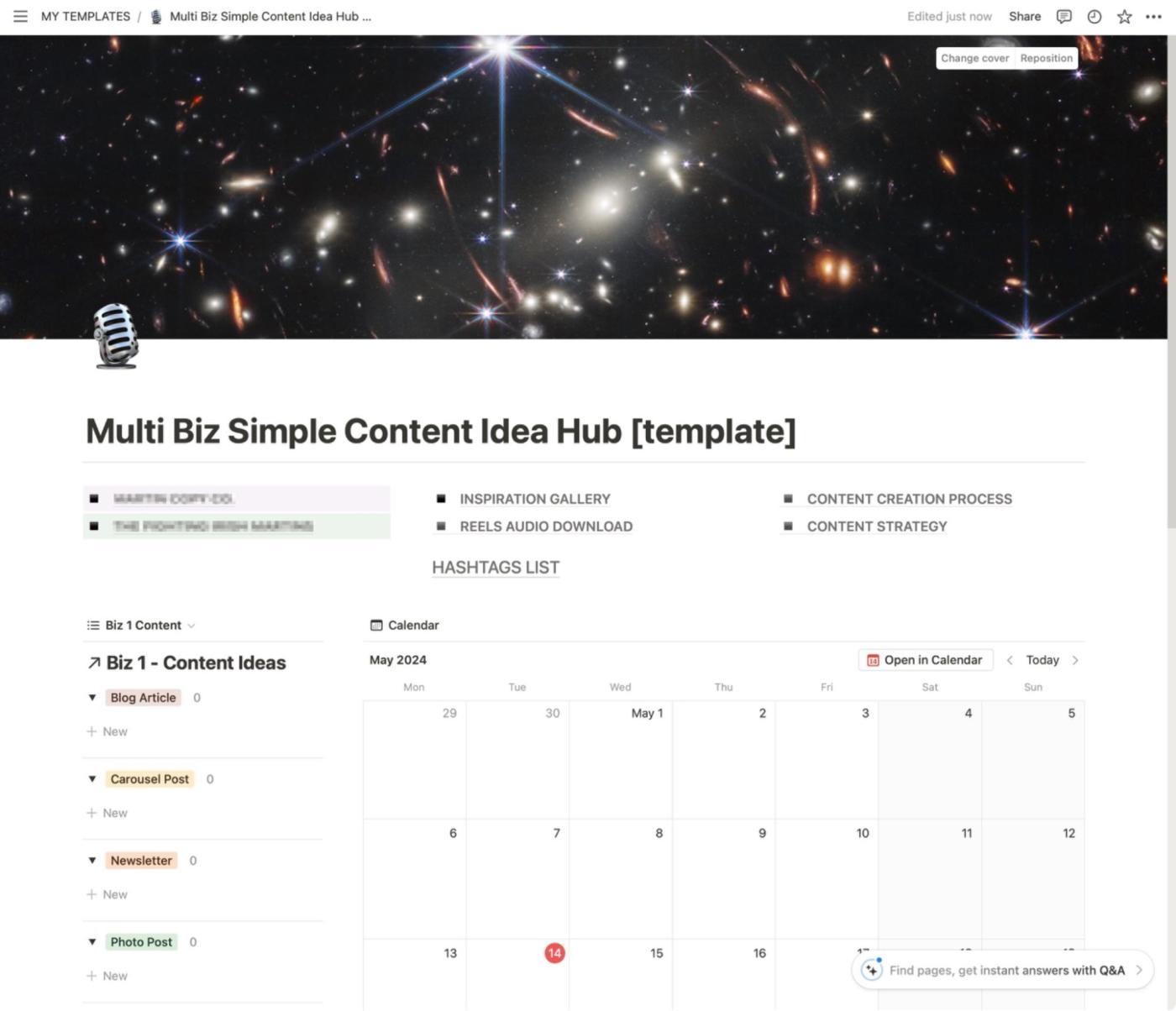 A Notion content idea calendar template