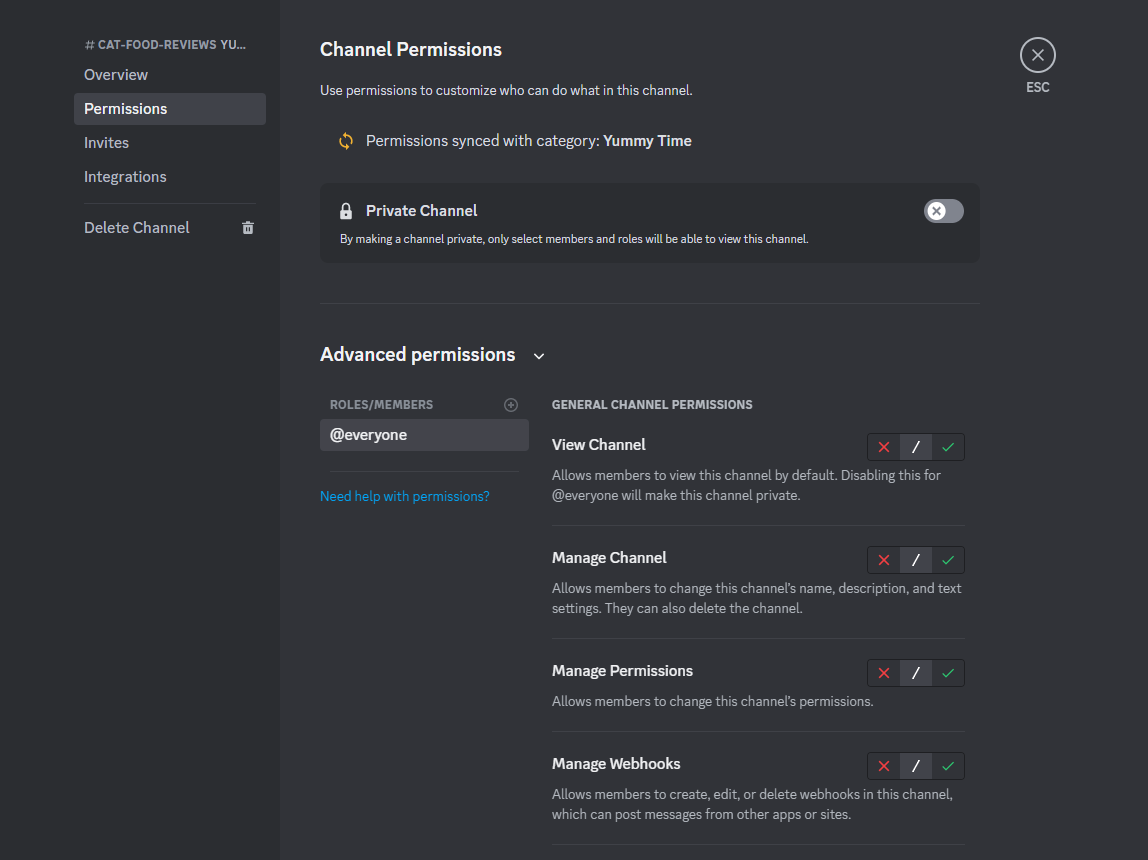 Channel permissions in Discord server settings