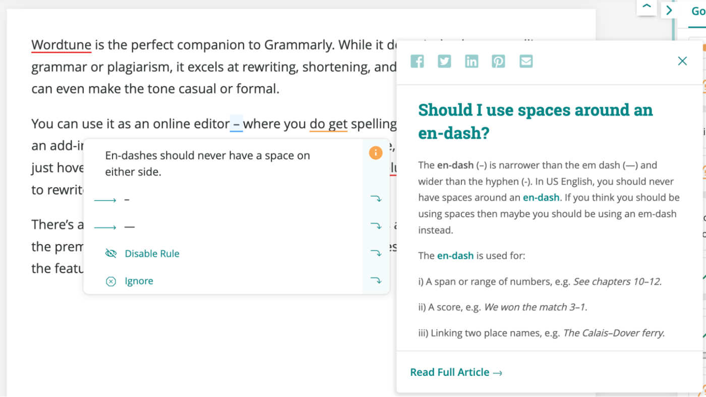 Wortune's AI grammar checker telling the user that en dashes shouldn't have a space on either side