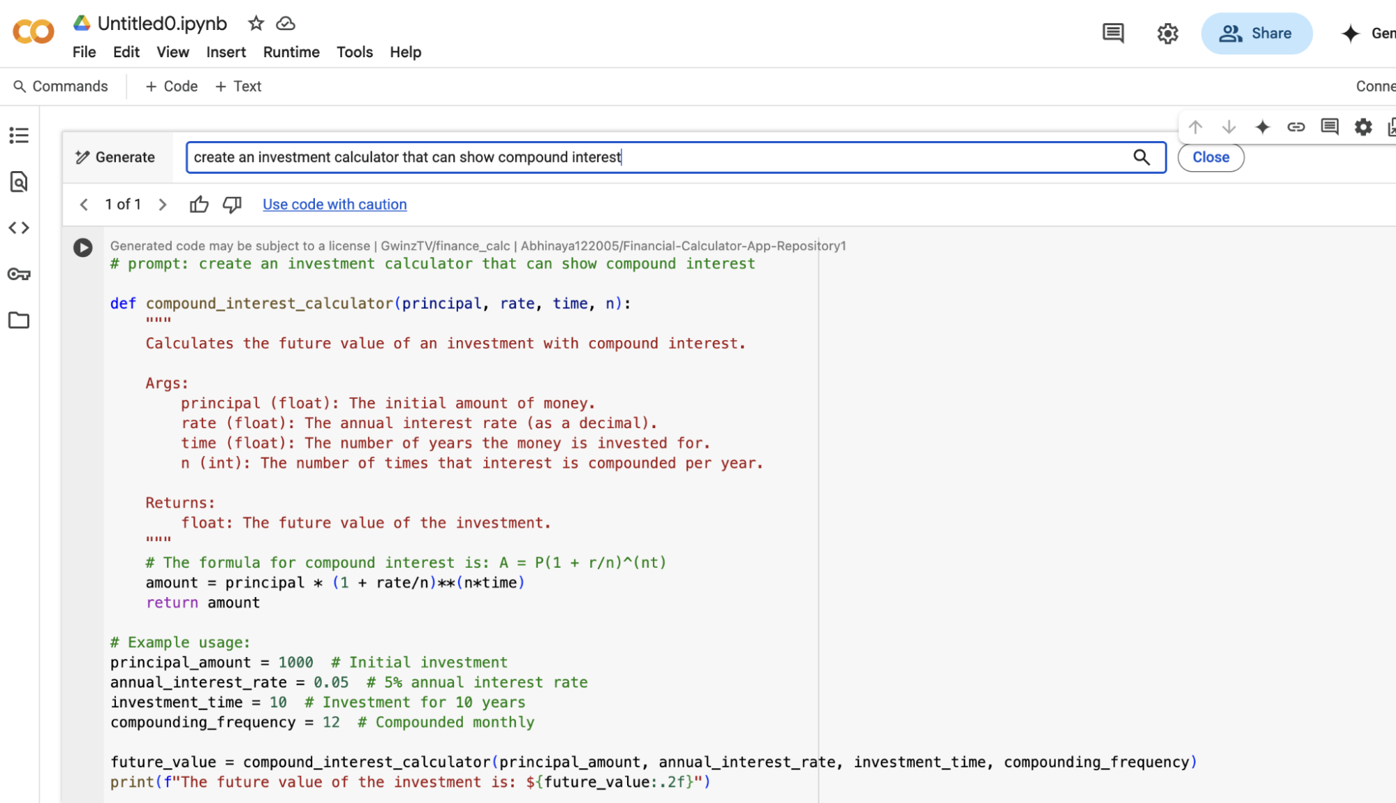 An AI-generated code block in Google Colab