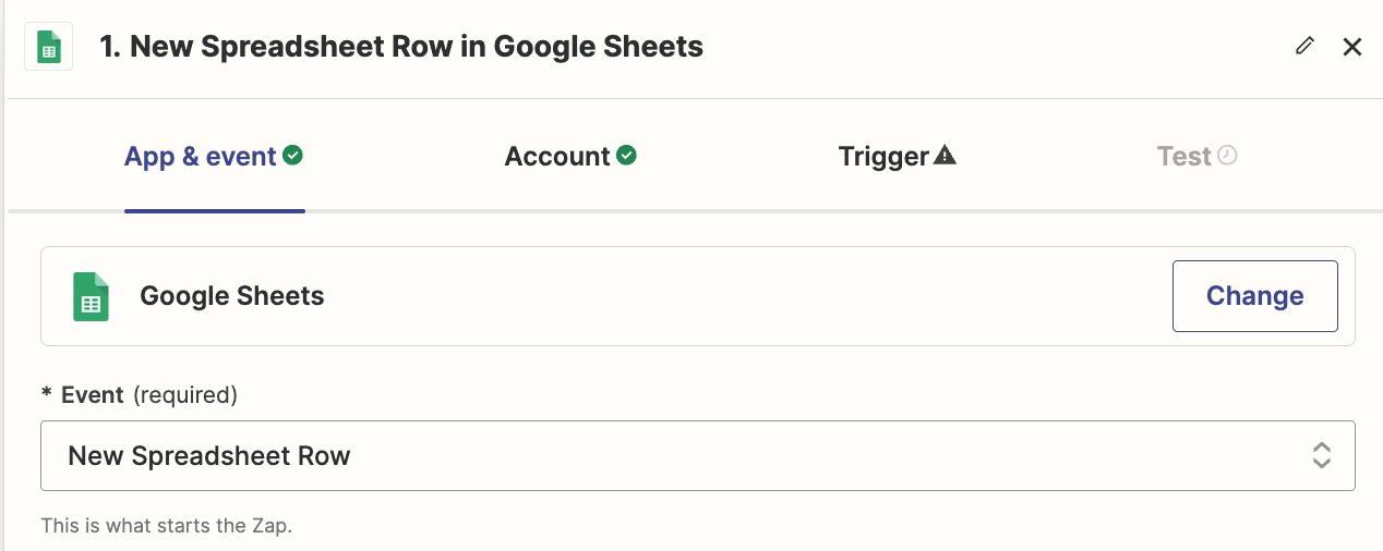 A trigger step in the Zap editor with Google Sheets selected for the trigger app and New Spreadsheet Row selected for the trigger event.
