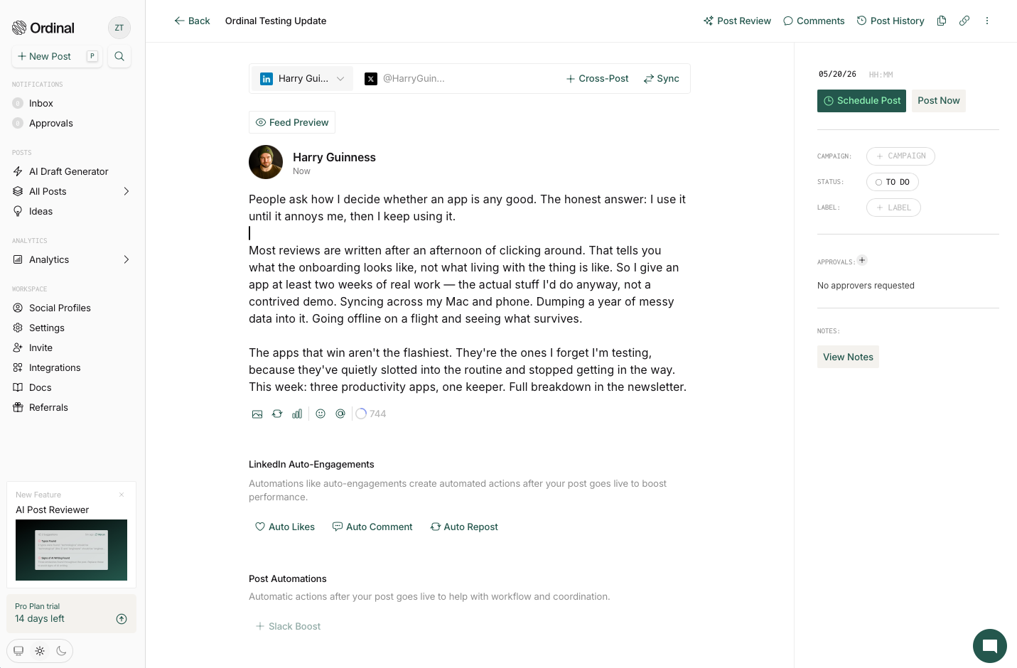 Ordinal, our pick for the best social media management tool for brand and executive content