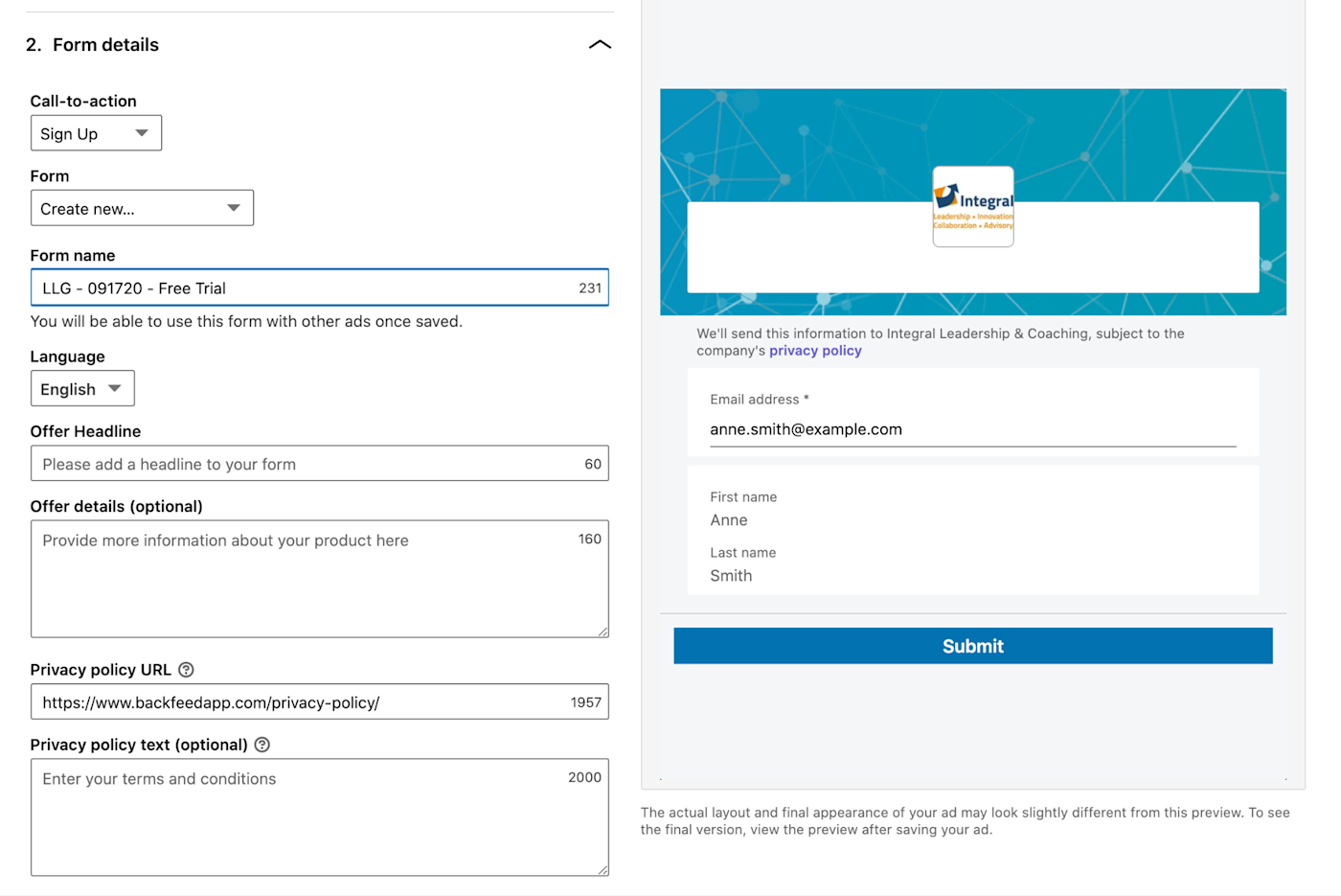 The form builder, which asks for a call to action, form name, language, headline, details, privacy policy URL, and privacy policy text