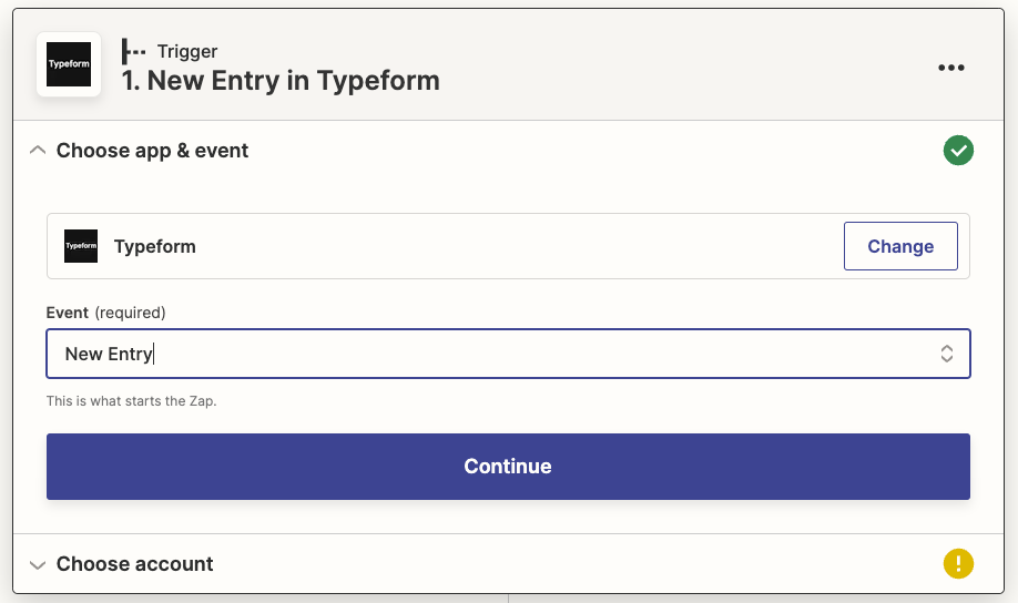 A trigger step of a Zap with Typeform selected for the trigger app and New Entry for the trigger event.