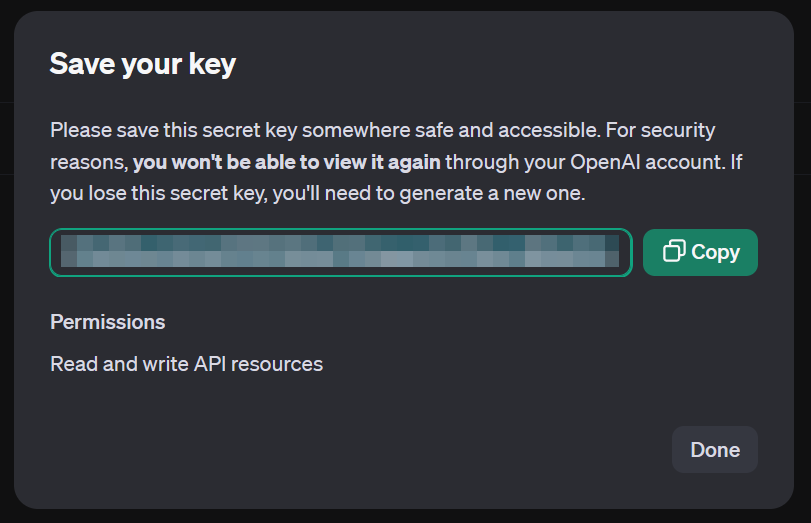 The Save your key pop-up in the OpenAI API key creation process