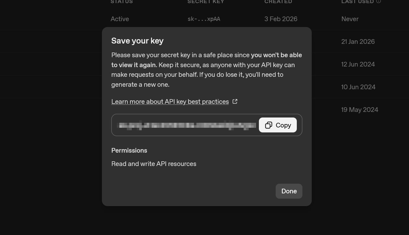 The Save your key pop-up in the OpenAI API key creation process